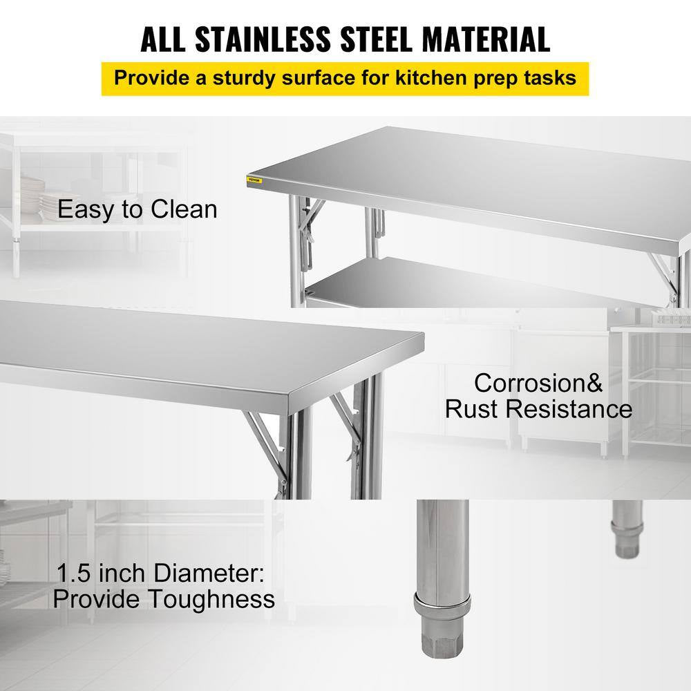Commercial Worktable Workstation 48 X 30 In. Double-Shelf Folding Stainless Steel Kitchen Utility Table