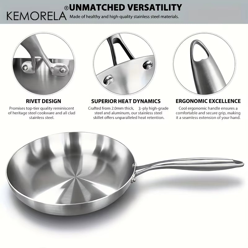 5-Ply Stainless Steel Frying Pan, Skillet Grade Pans for Cooking