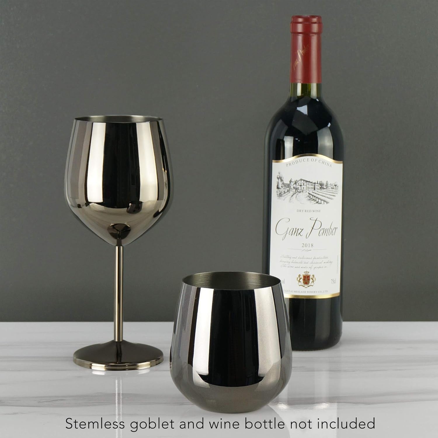 18.5 oz. Set of 4 Stainless Steel Wine Glasses - Black Unbreakable Stem Metal Wine Goblets