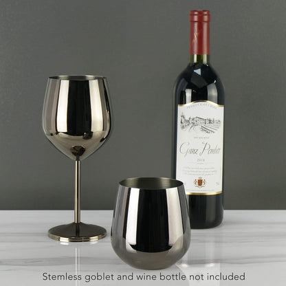 18.5 oz. Set of 4 Stainless Steel Wine Glasses - Black Unbreakable Stem Metal Wine Goblets