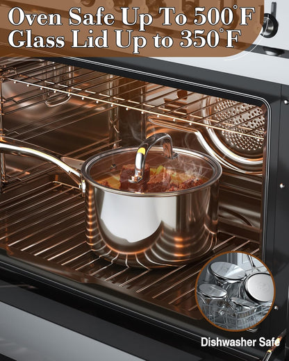 Stainless Steel Saucepan 1.5 Quart, Tri-Ply Full Clad Sauce Pan with Glass Lid, Silver