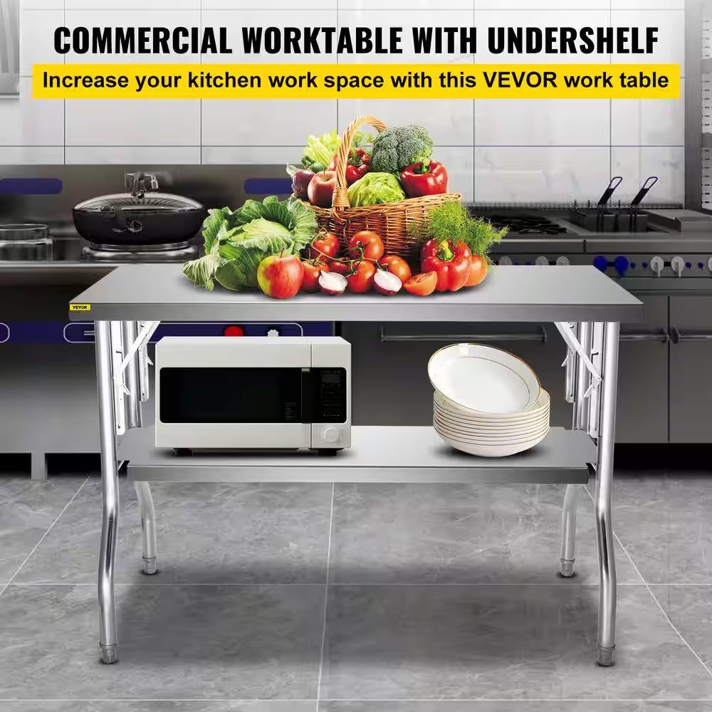 Commercial Worktable Workstation 48 X 30 In. Double-Shelf Folding Stainless Steel Kitchen Utility Table