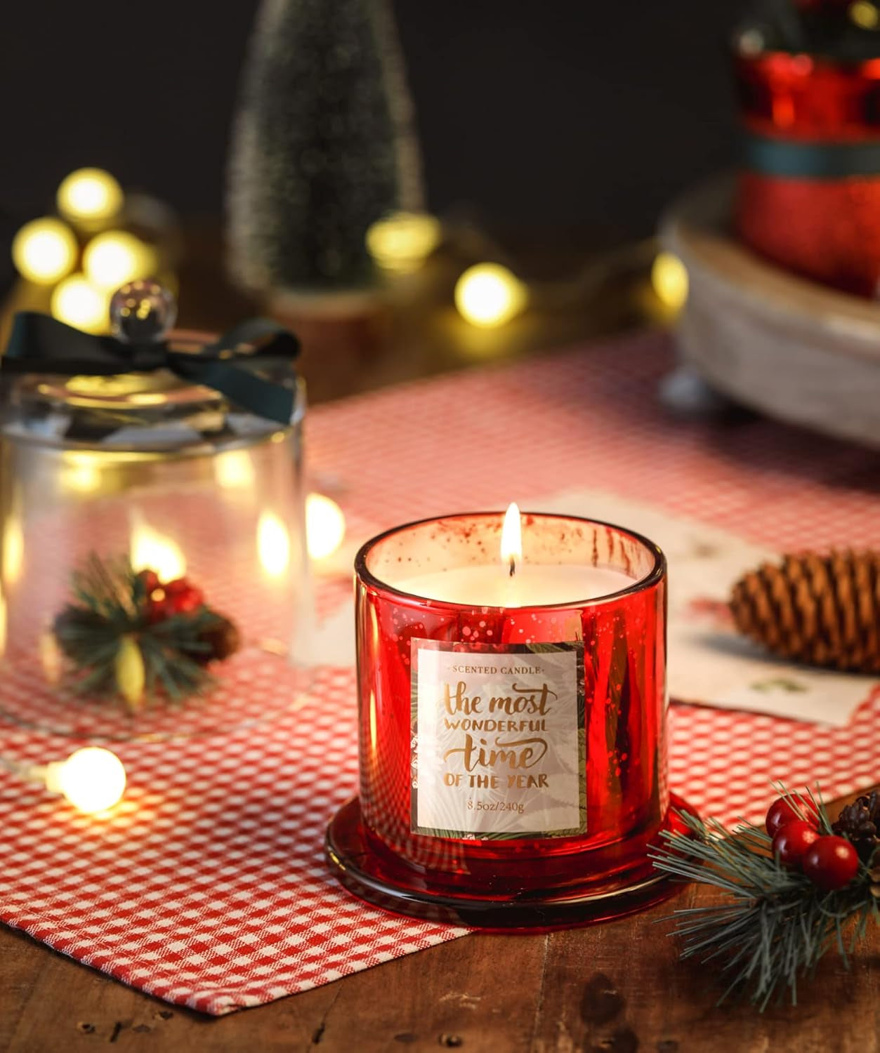 Pine Scented Christmas Candle, Natural Soy Wax,8.5Oz, Red