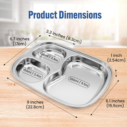 Korean 3 Compartment Stainless Steel Divided Plates, BPA Free, Set of 2