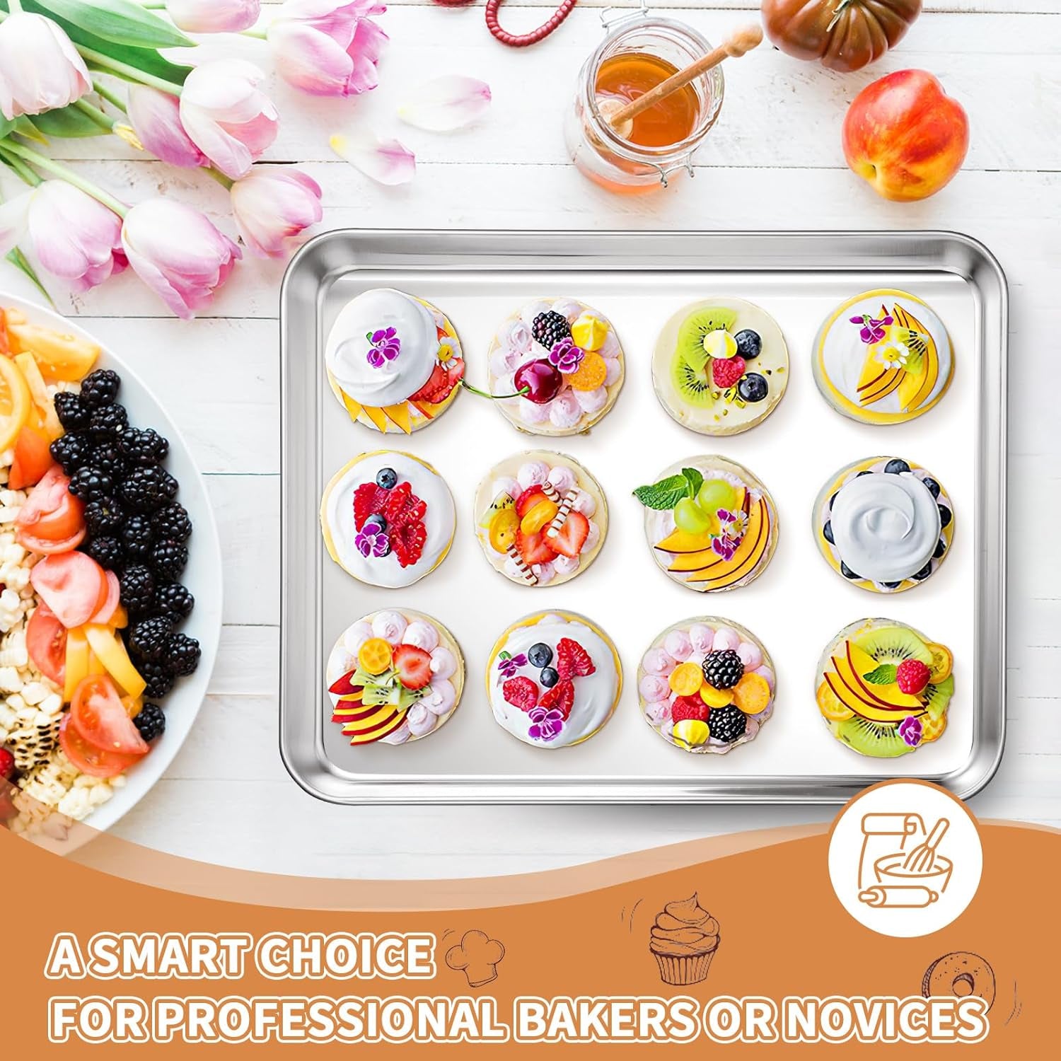 Stainless Steel Baking Sheet Set of 2,  Non Toxic & Heavy Duty, Rust Free & Mirror Finish, Dishwasher Safe, 12 X 10 X 1 Inch