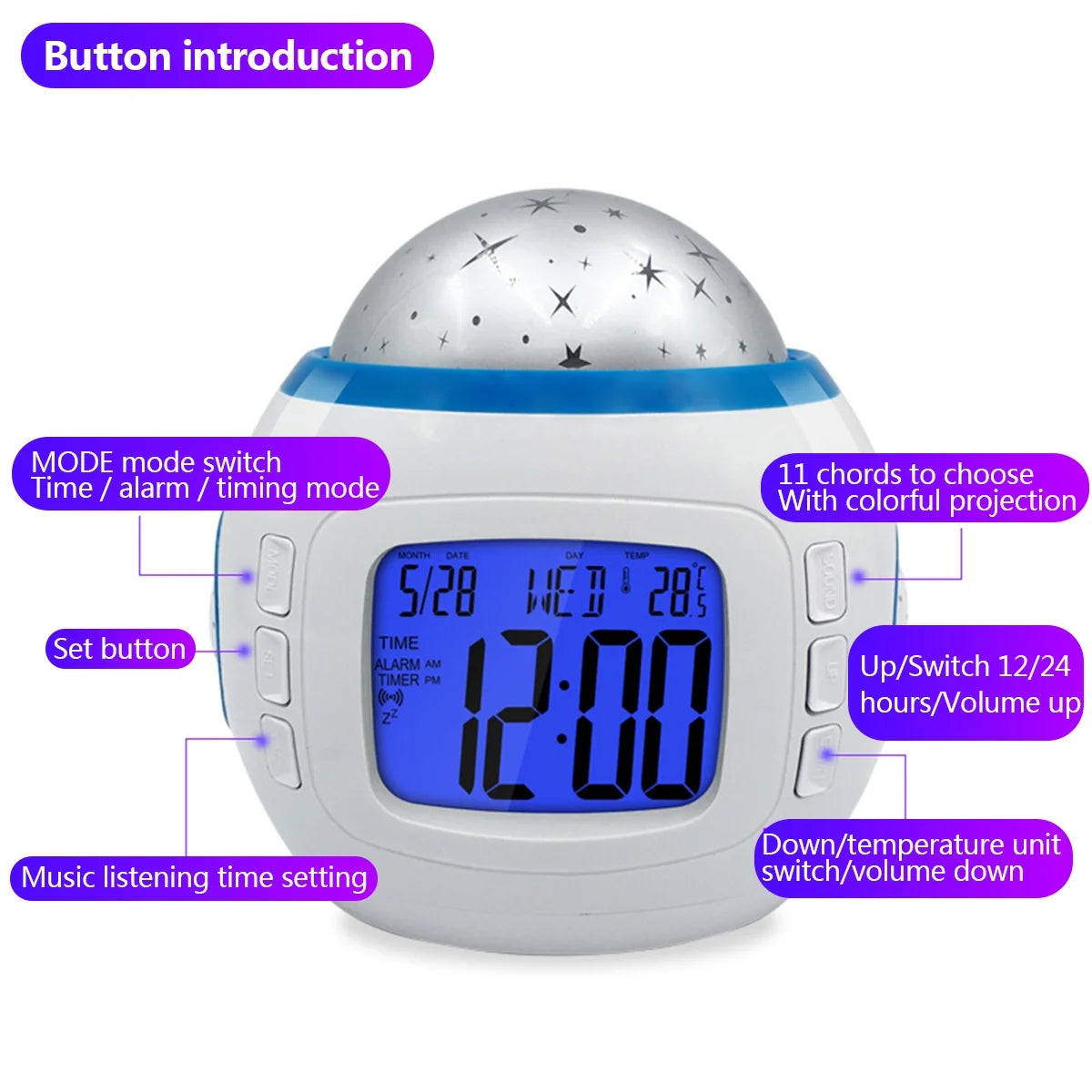 LED Projector Night Light, Digital Alarm Clock with Music 