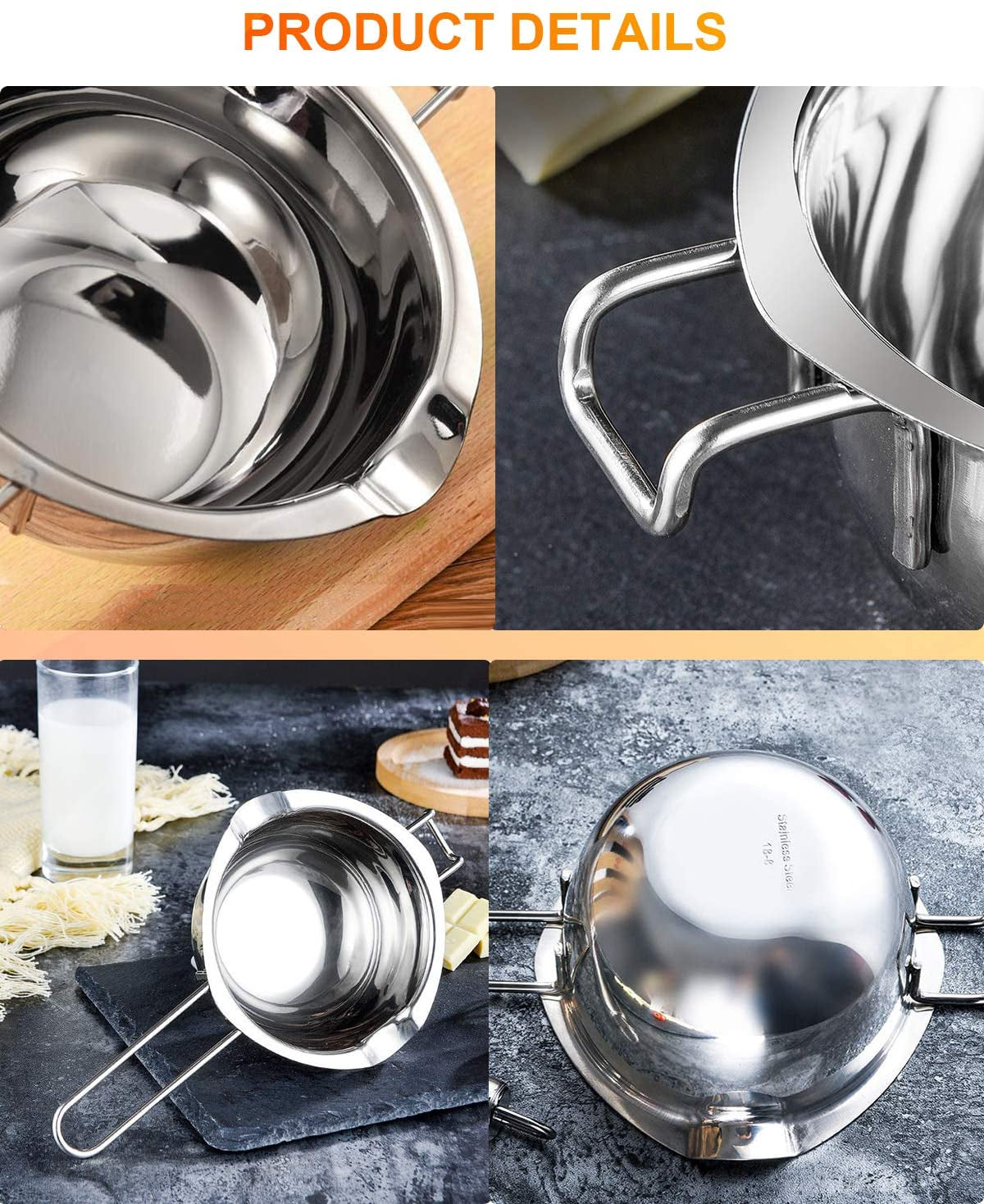 Stainless Steel Double Boiler Pot for Melting Chocolate, Candy and Candle Making (18/8 Steel, 2 Cup Capacity, 480ML)