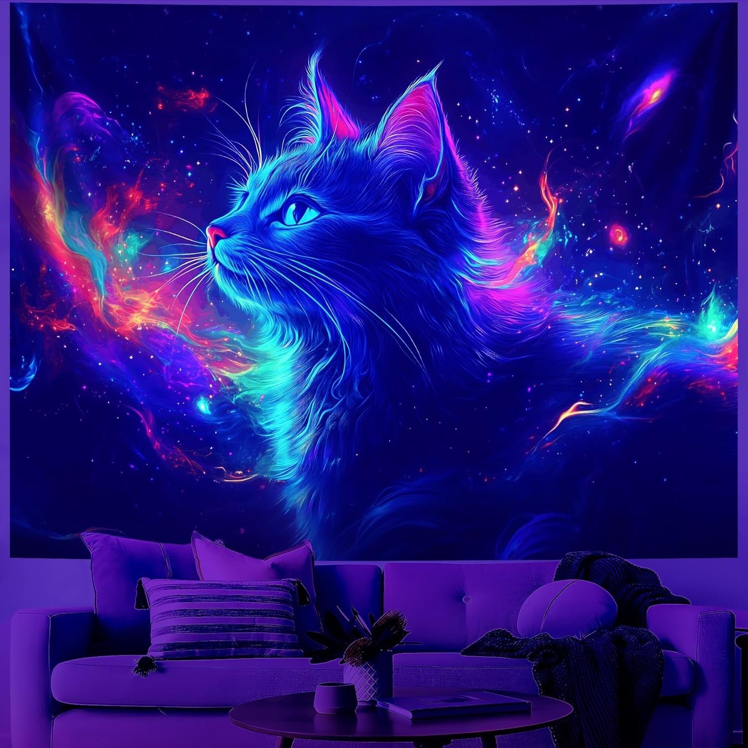 UV Reactive Cat Tapestry – Glow in the Dark Blacklight