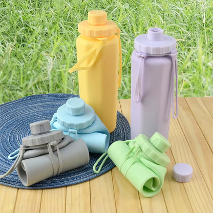 600ML Collapsible Water Bottle Silicone Foldable Water Cup Outdoor Sports Leakproof Reusable Kettle for Travel Camping Yoga