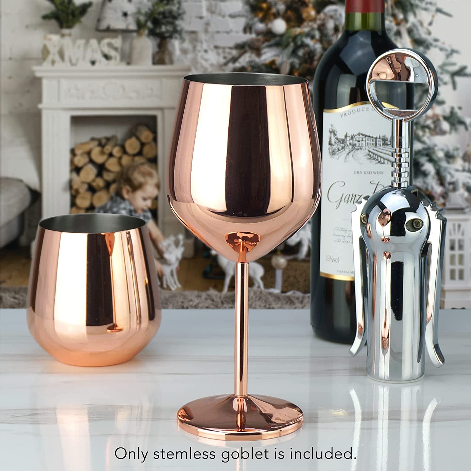 18.5 Oz Copper/Rose Gold Stem Stainless Steel Wine Glass - Set 4