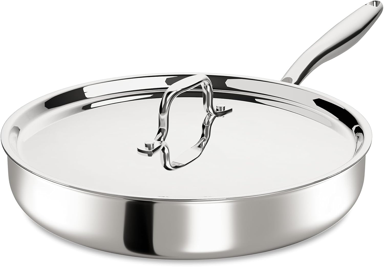 12 Inch Tri-Ply Stainless Steel Frying Pan with Lid, Induction Cooking Pans, Dishwasher & Oven Broiler Safe 600F