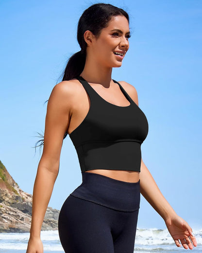 Built in Bra Padded Strappy High Support Longline Workout Fitness Top 