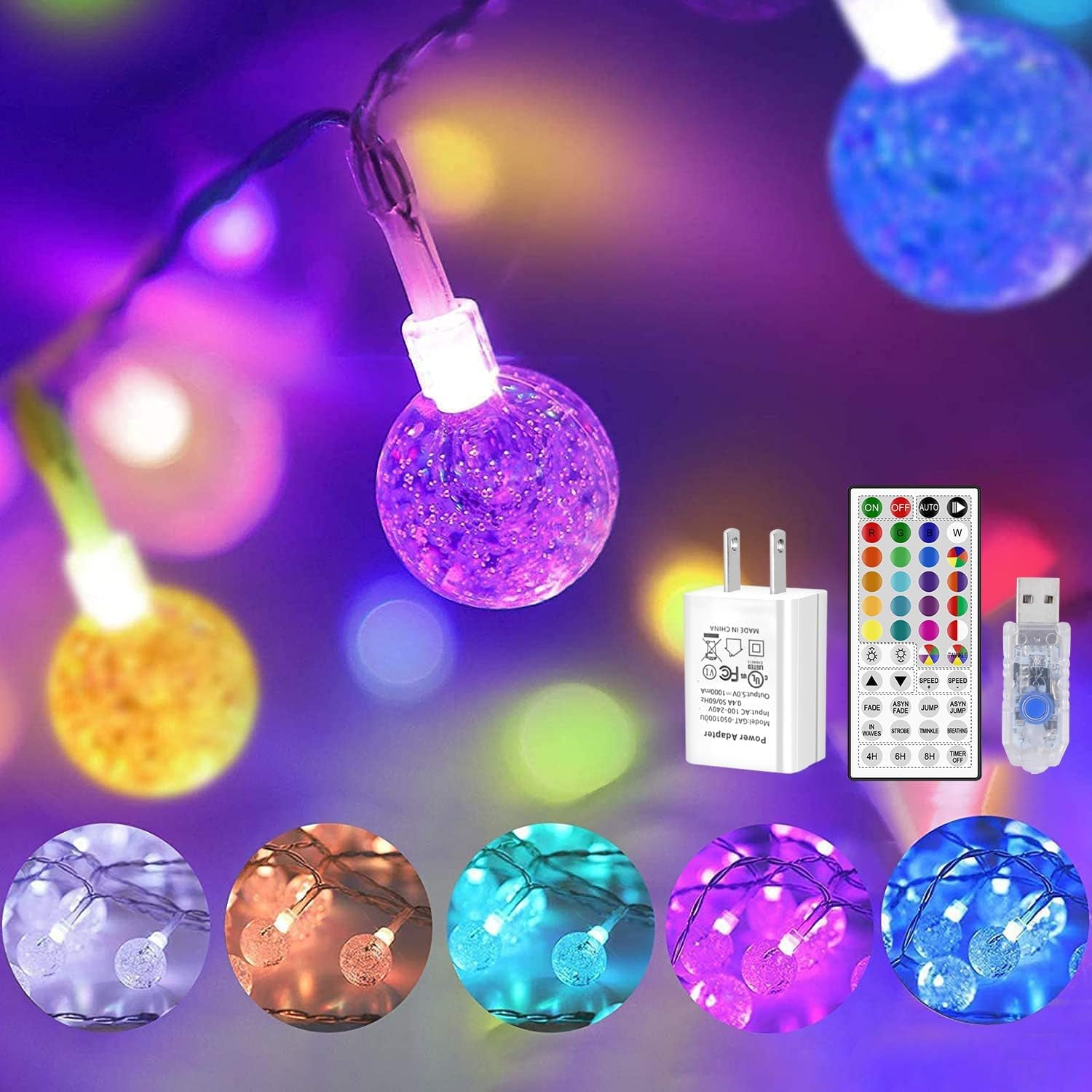 Color Changing Indoor String Light USB Plug, 16.5Ft 50 Leds Crystal Globe Fairy Lights