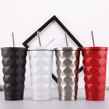 Elegant Diamond Pattern Stainless Steel Thermos with Straw