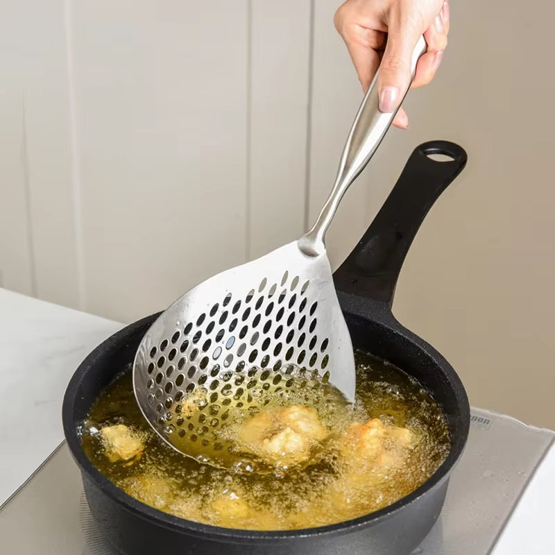 Stainless Steel Skimmer Strainer Slotted Ladle, Mesh Deep Fryer Oil Frying Scoop Colander Cooking Spoon