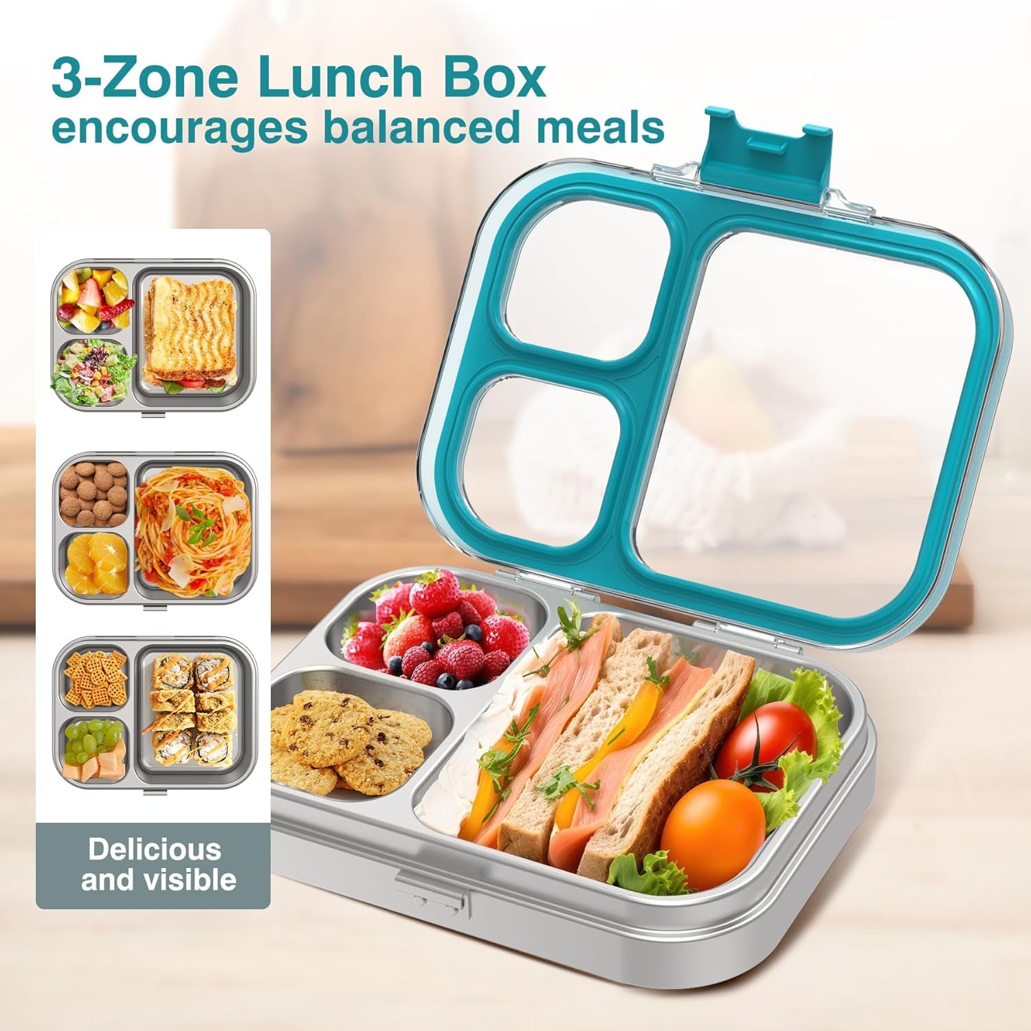 3 Compartments Stainless Steel Lunch Box, Leak-Proof Lunch Box for School Office, Dishwasher Safe, BPA-Free