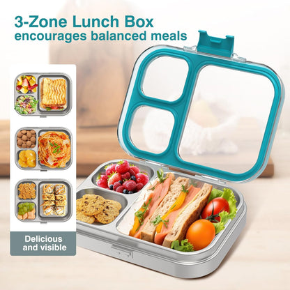 3 Compartments Stainless Steel Lunch Box, Leak-Proof Lunch Box for School Office, Dishwasher Safe, BPA-Free