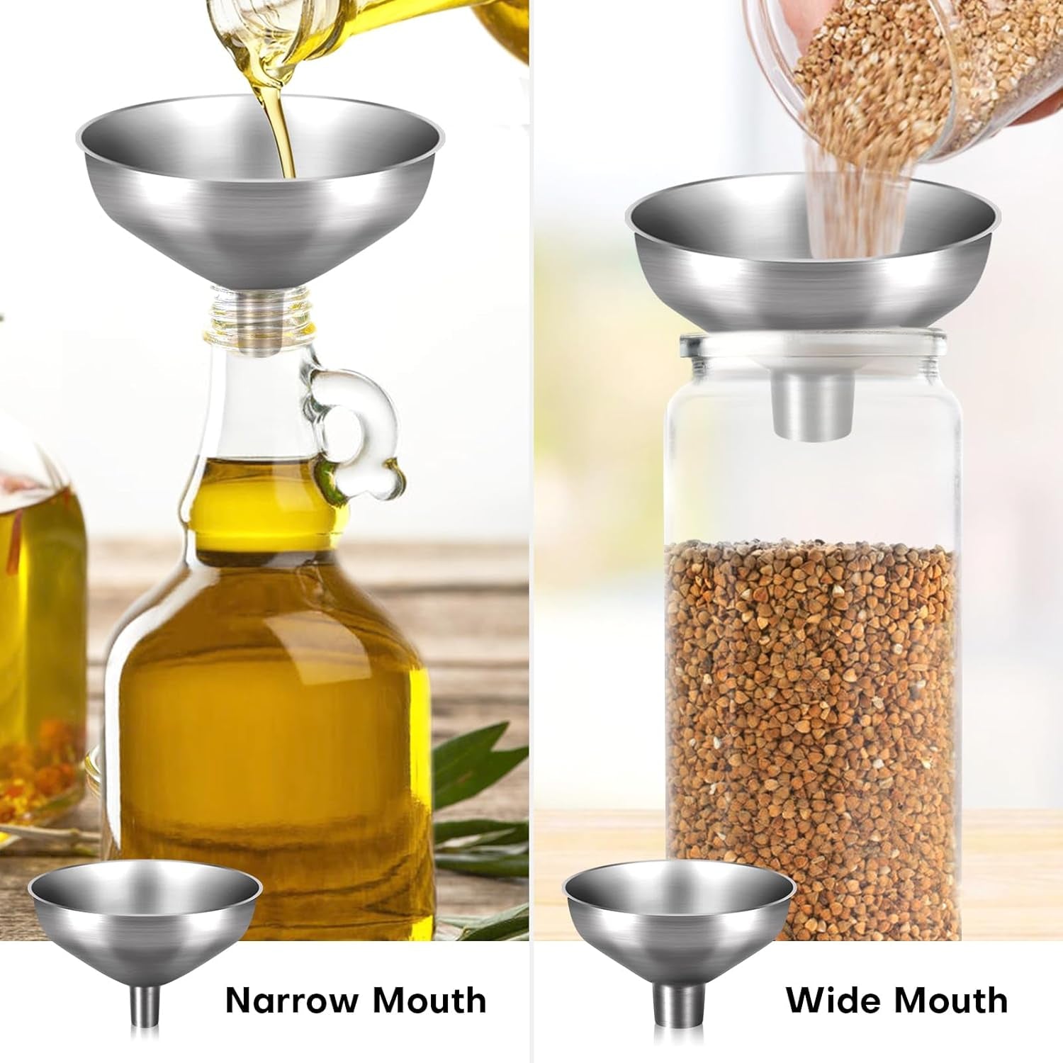 2-Piece Stainless Steel Kitchen Funnel Set with 1-Inch and 0.5-Inch Ports for Transferring and Filling Liquids