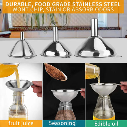 6Pcs Stainless Steel Funnel, Large Small Funnel Set of 3 for Kitchen Use Filling Bottles Flask Cooking, 2 Brushes