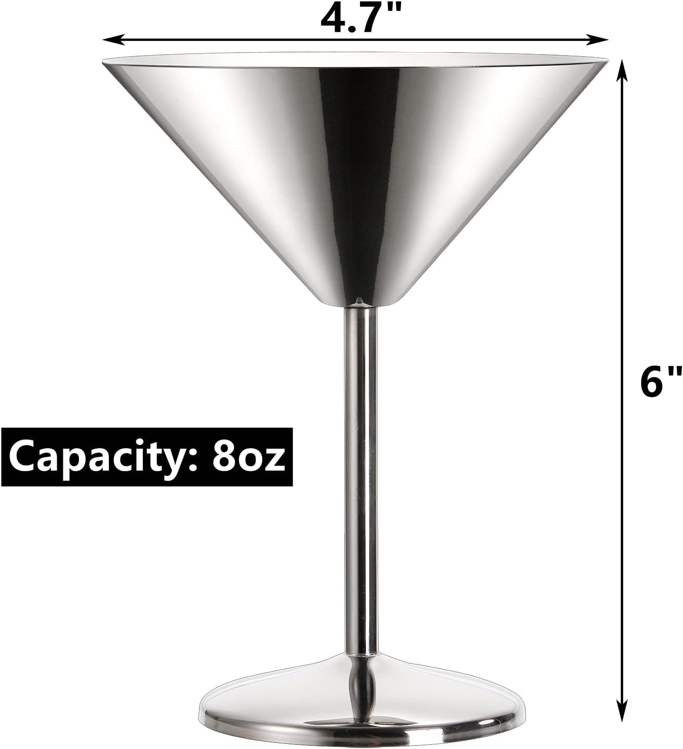 8 Oz Stainless Steel Martini Glasses,  4 Pack , 18/8 Mirror Polished Finish, Shatterproof
