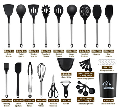 21 Pcs Silicone Cooking Utensils Set with Holder, BPA-Free, Non-Stick Heat Resistant Silicone Cookware with Stainless Steel Handle