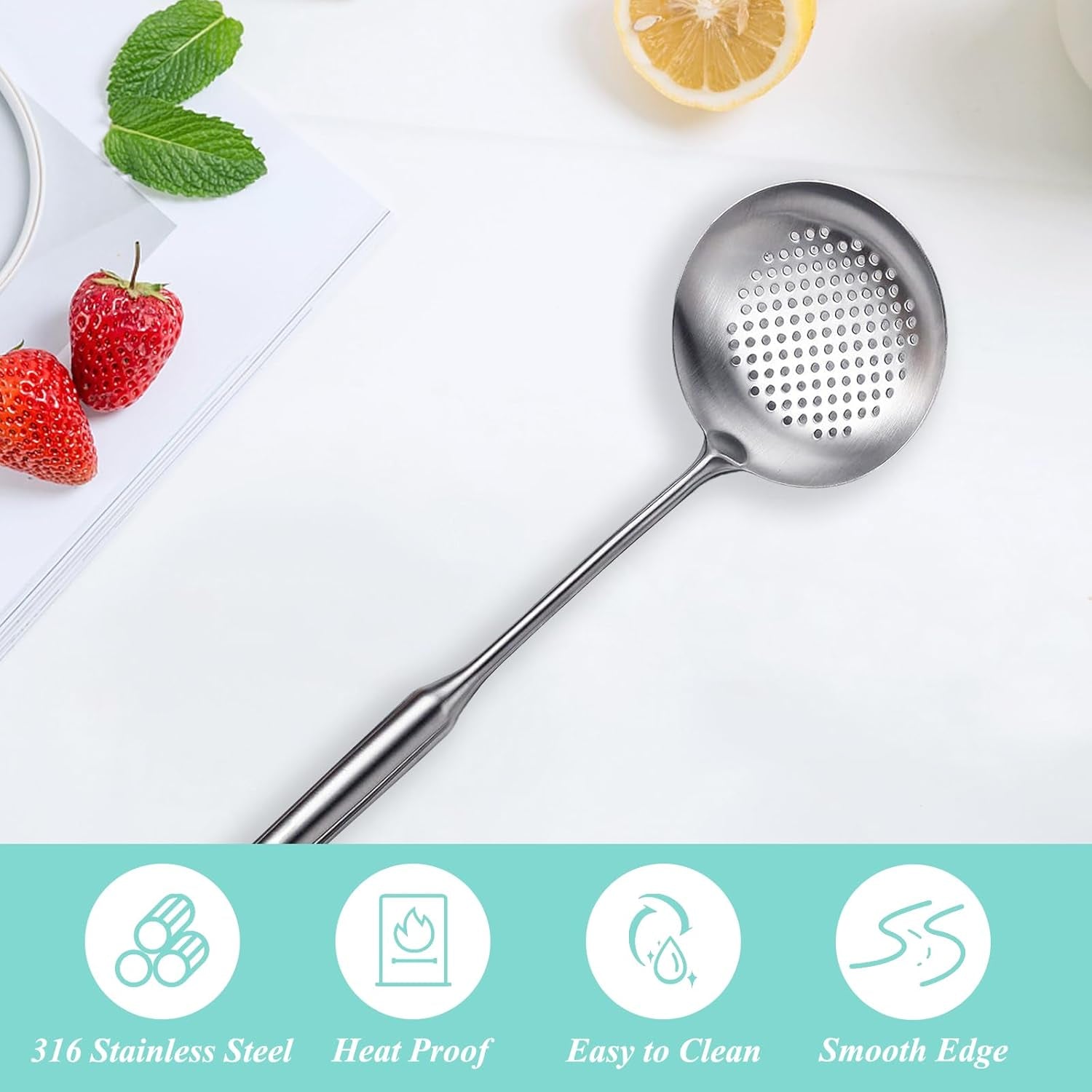 Stainless Steel  Slotted Spoon Skimmer, Long Handle Food Strainer