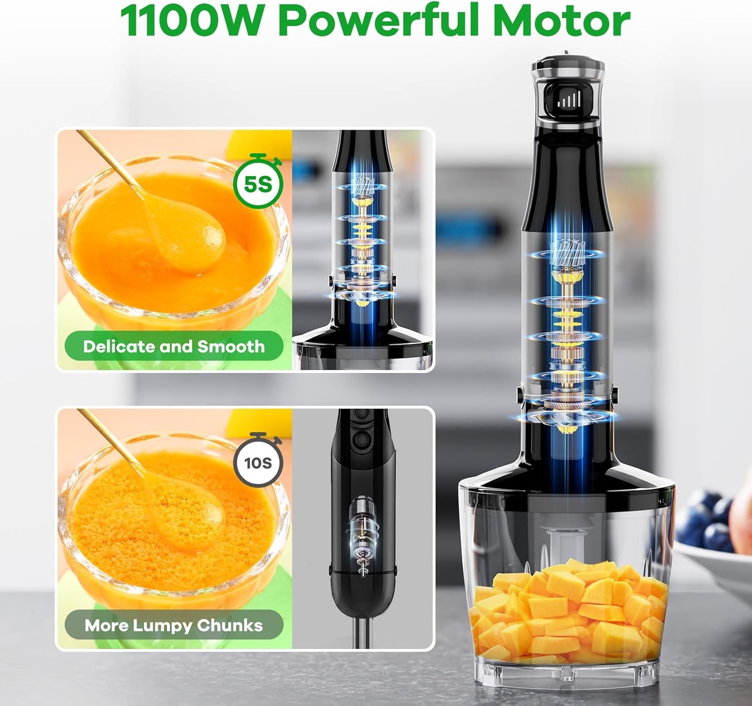 Immersion Blender Handheld Corded Hand Blenders Set 1100W, Trigger Variable Speed 5 in 1 Stick Emulsifier with Chopper, Whisk and Frother for Soup
