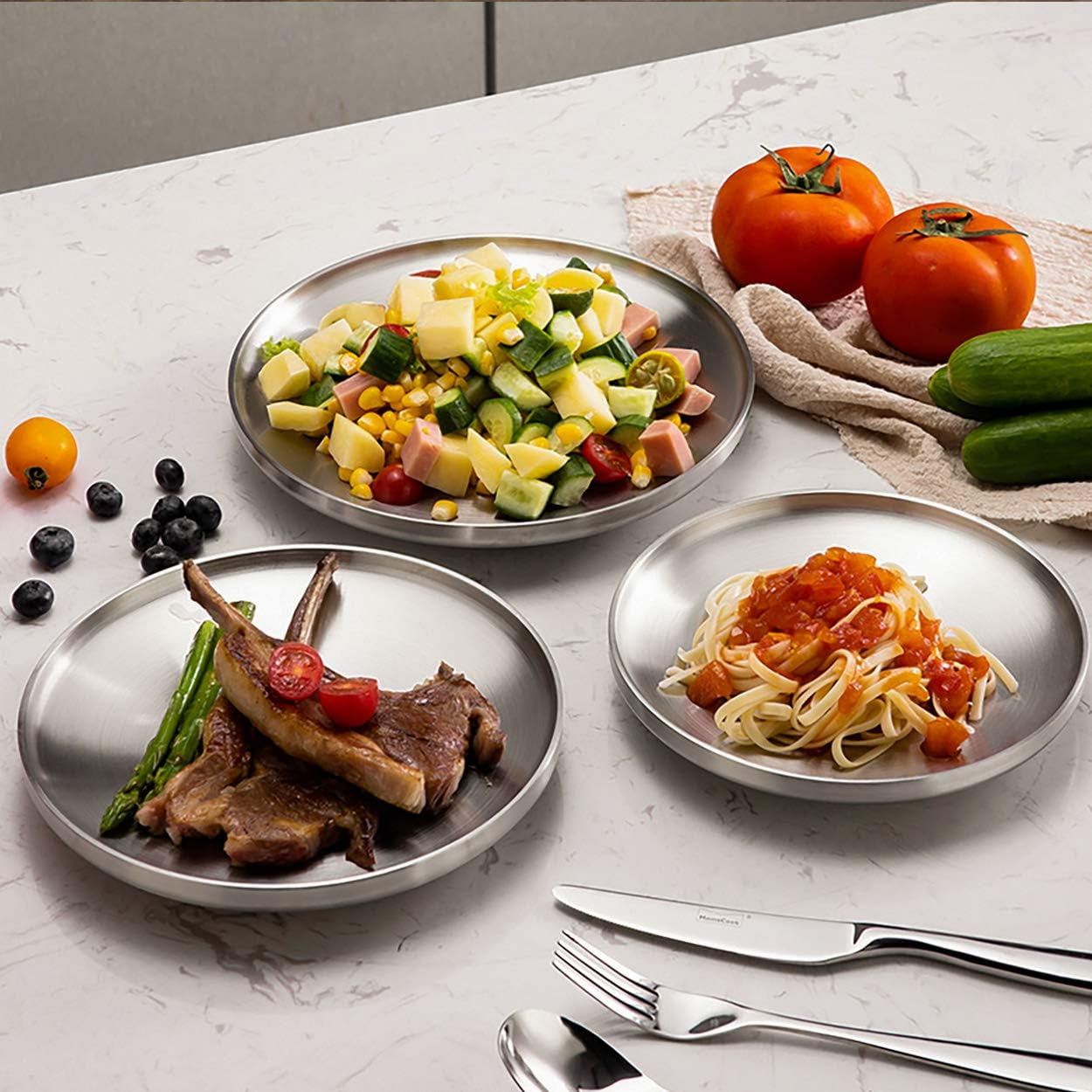6.7" Stainless Steel Dessert Appetizer Plates, Double-Layer round Lunch Plates - Set of 4