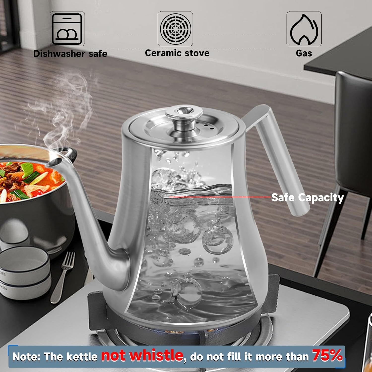 68 oz. Stainless Steel Teapot with Removable Infuser, Stovetop Safe Tea Maker Water Kettle for Loose Leaf & Tea Bags, Silver