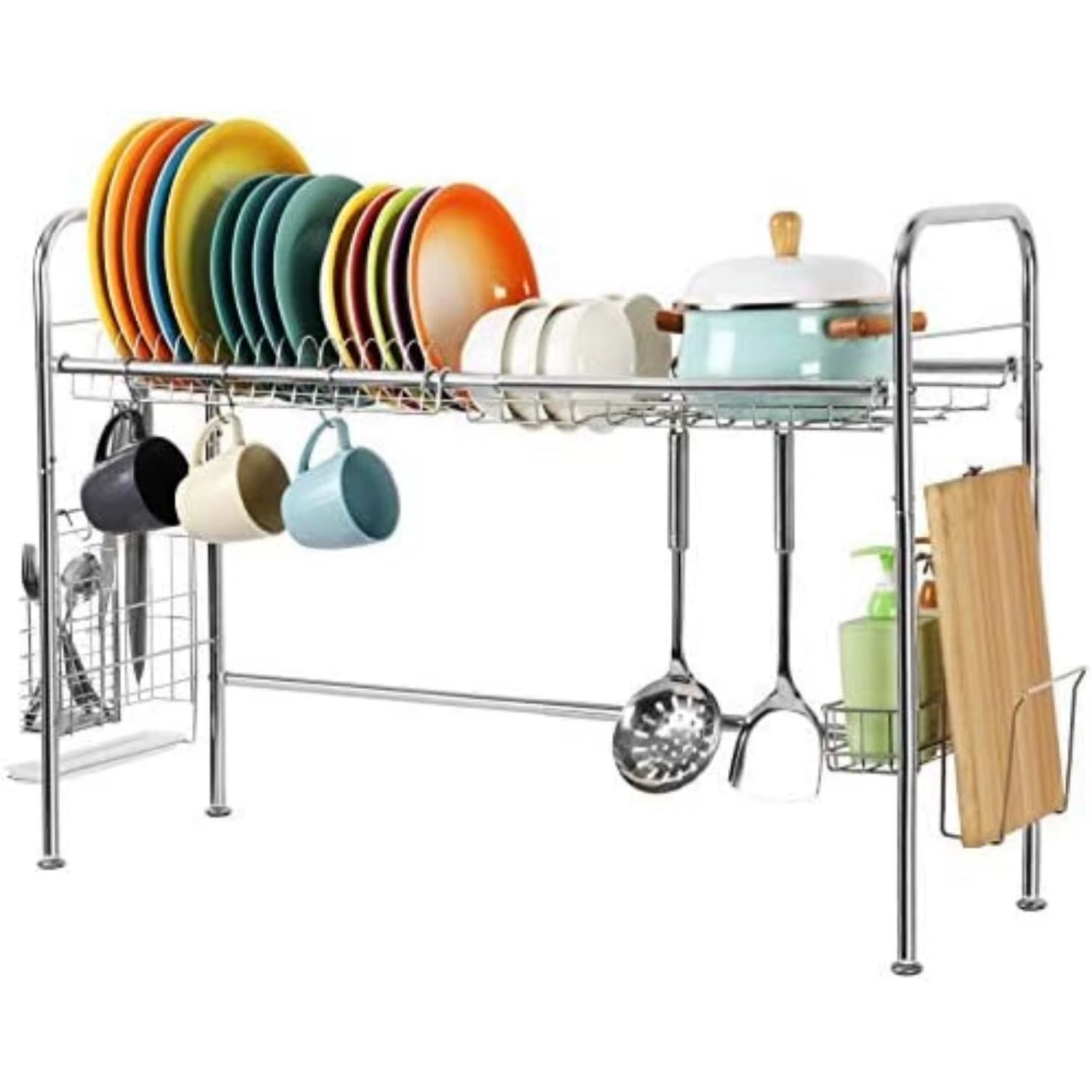 Adjustable over Sink Dish Rack 2-Tier Stainless Steel - Kitchen Drainer W/Utensil & Chopstick Holder, Silver Storage Organizer