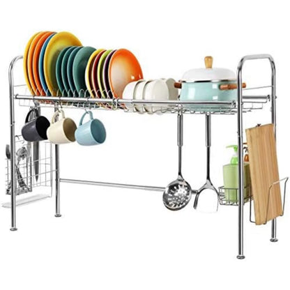 Adjustable over Sink Dish Rack 2-Tier Stainless Steel - Kitchen Drainer W/Utensil & Chopstick Holder, Silver Storage Organizer