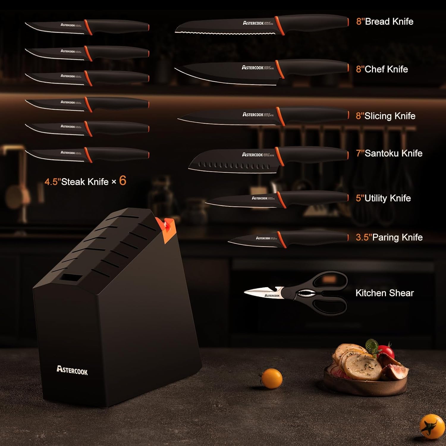 15 Pcs Dishwasher Safe Kitchen Knife Set with Built-In Sharpener, High Carbon German Stainless Steel Black Knife Block Set