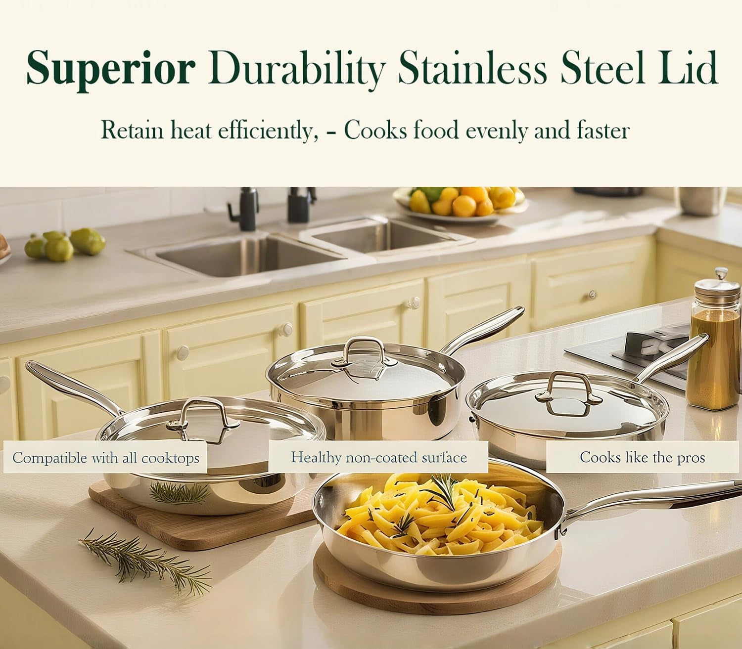 12 Inch Tri-Ply Stainless Steel Frying Pan with Lid, Induction Cooking Pans, Dishwasher & Oven Broiler Safe 600F