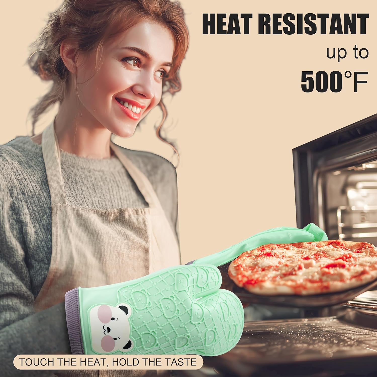 Silicone Oven Mitts Cute Bear - Non-Slip Kitchen Gloves for Baking & BBQ - Soft Cotton Lined, Waterproof & BPA-Free Potholders - Machine Washable & Heat Resistant up to 500°F - Green, 1 Pair