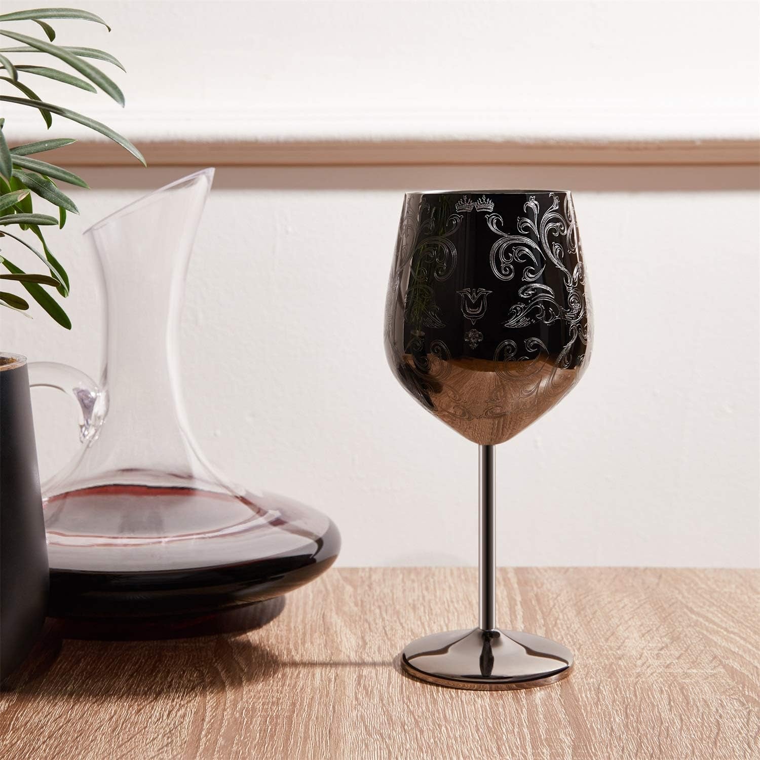 Stainless Steel Wine Glasses with Black Plated, Etched with Intricate and Authentic Baroque Engravings Set of 2(17Oz)