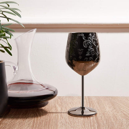 Stainless Steel Wine Glasses with Black Plated, Etched with Intricate and Authentic Baroque Engravings Set of 2(17Oz)