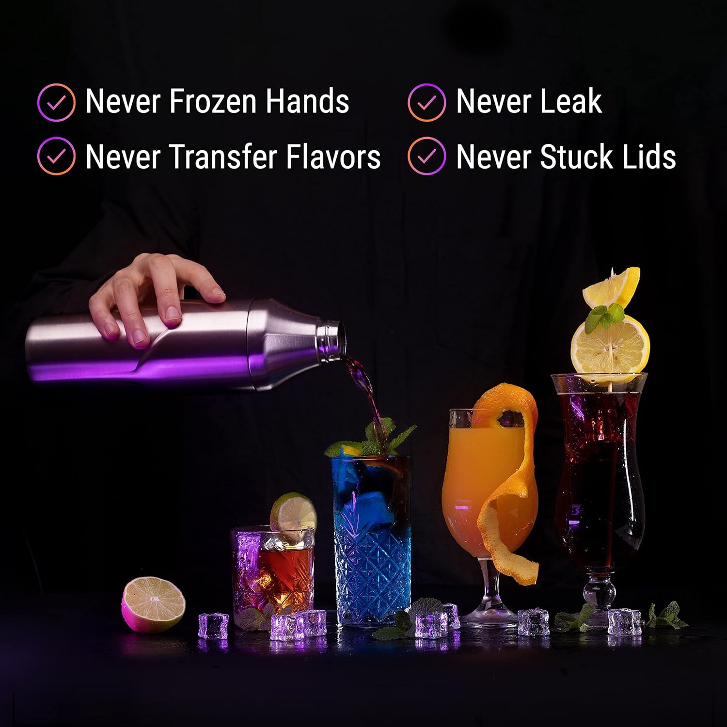 24 oz. Cocktail Shaker - Insulated Double Wall Keep Drink Chilled - No Stuck Twist Lid, Leakproof and Built-In Strainer