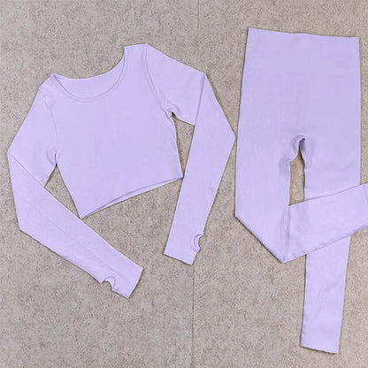 Ribbed Women Sets Fitness Suit Seamless Sportswear Sexy Gym Clothing Stripe Legging Long Sleeve Sport Outfits Woman Tracksuit