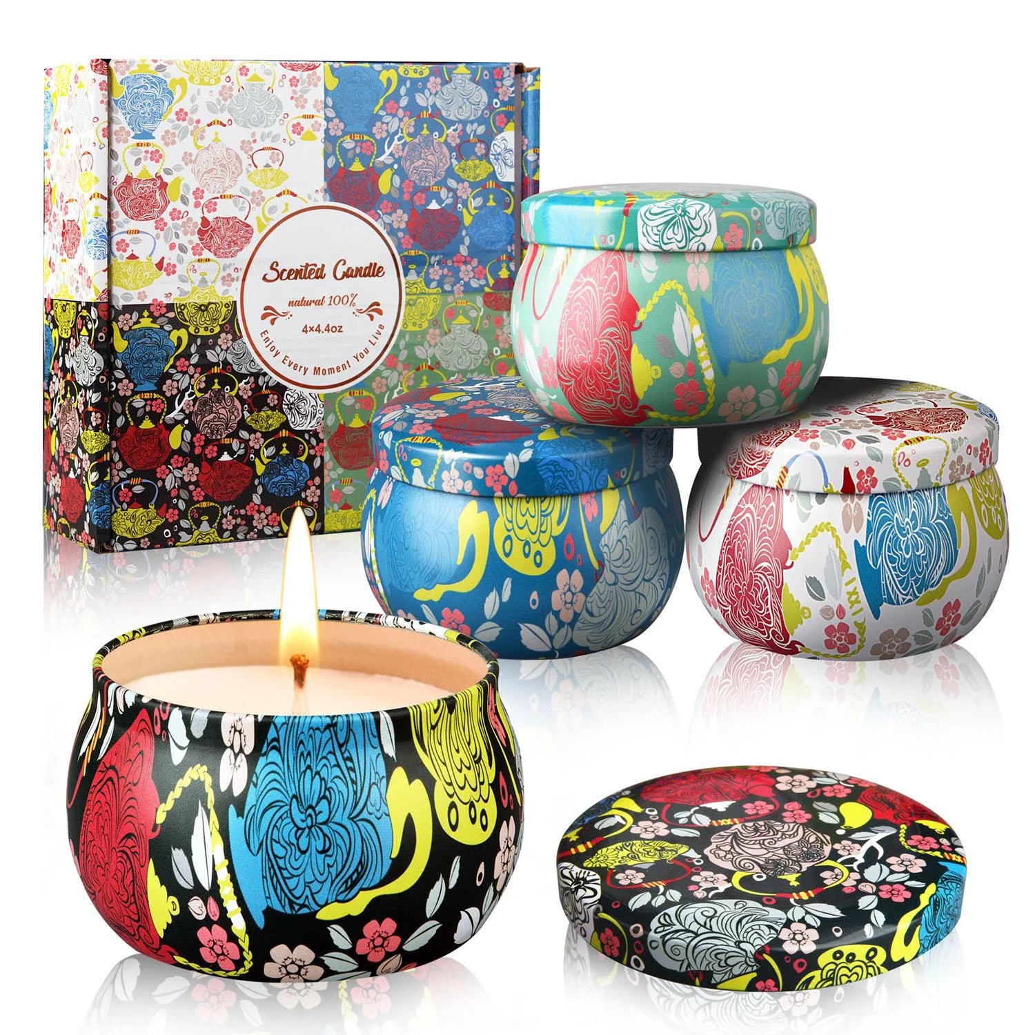 Scented Candles Gift Set, Aromatherapy Candles Gifts for Women, Lavender, Vanilla, Lemon, Jasmine, Natural Soy Wax Portable Travel Tin Candle,4 X 4.4 Oz
