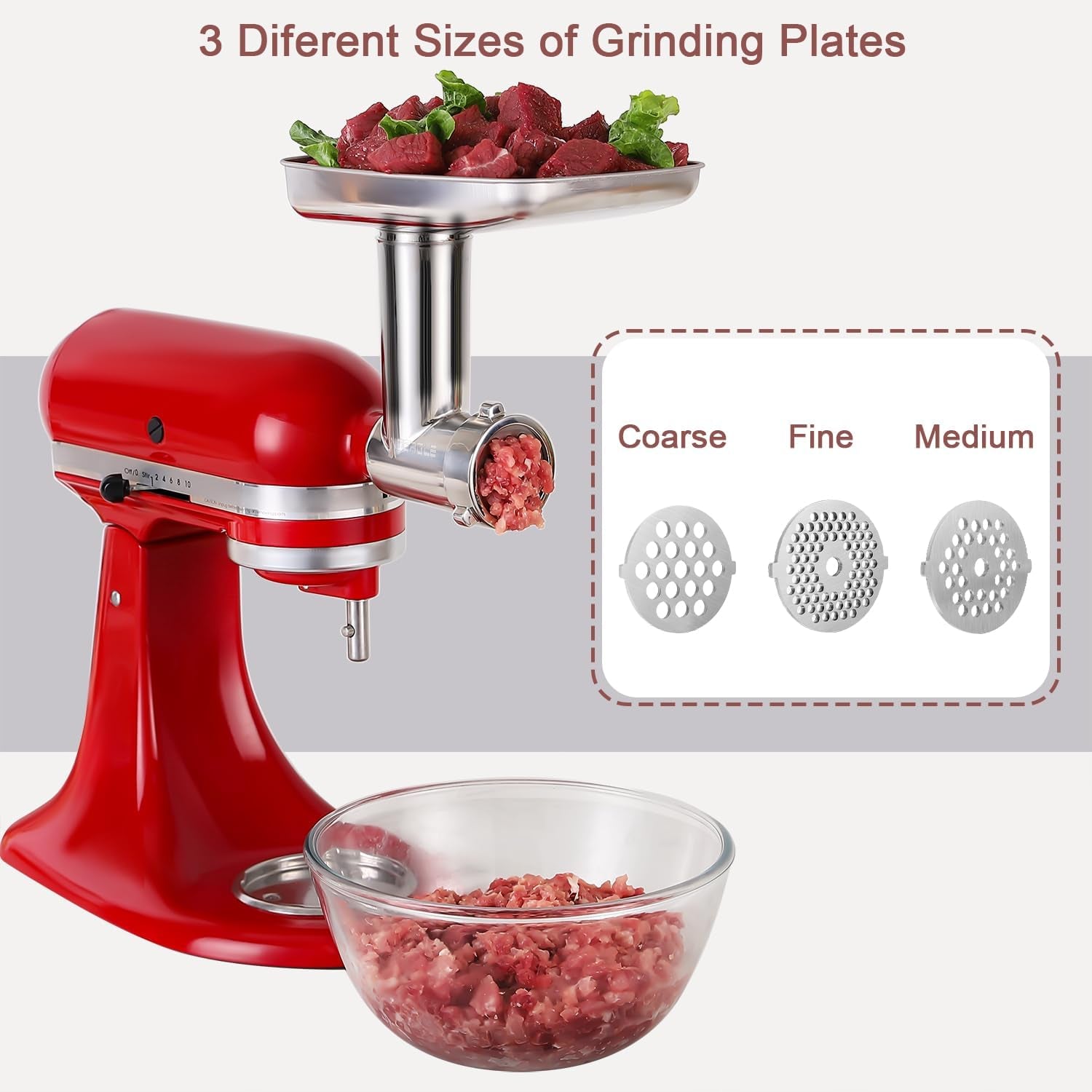 Stainless Steel Meat Grinder Attachments for Kitchenaid Mixers, Metal Food Grinder, Sausage Stuffer, Dishwasher Safe