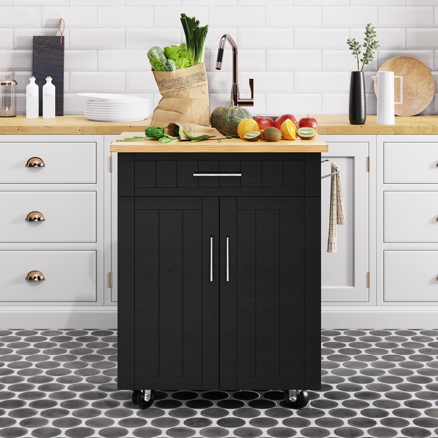 Kitchen Island Cart with Storage, Rolling Kitchen Island Side Table on Wheels with Worktop, Single Door Storage Cabinet and Drawer, Black