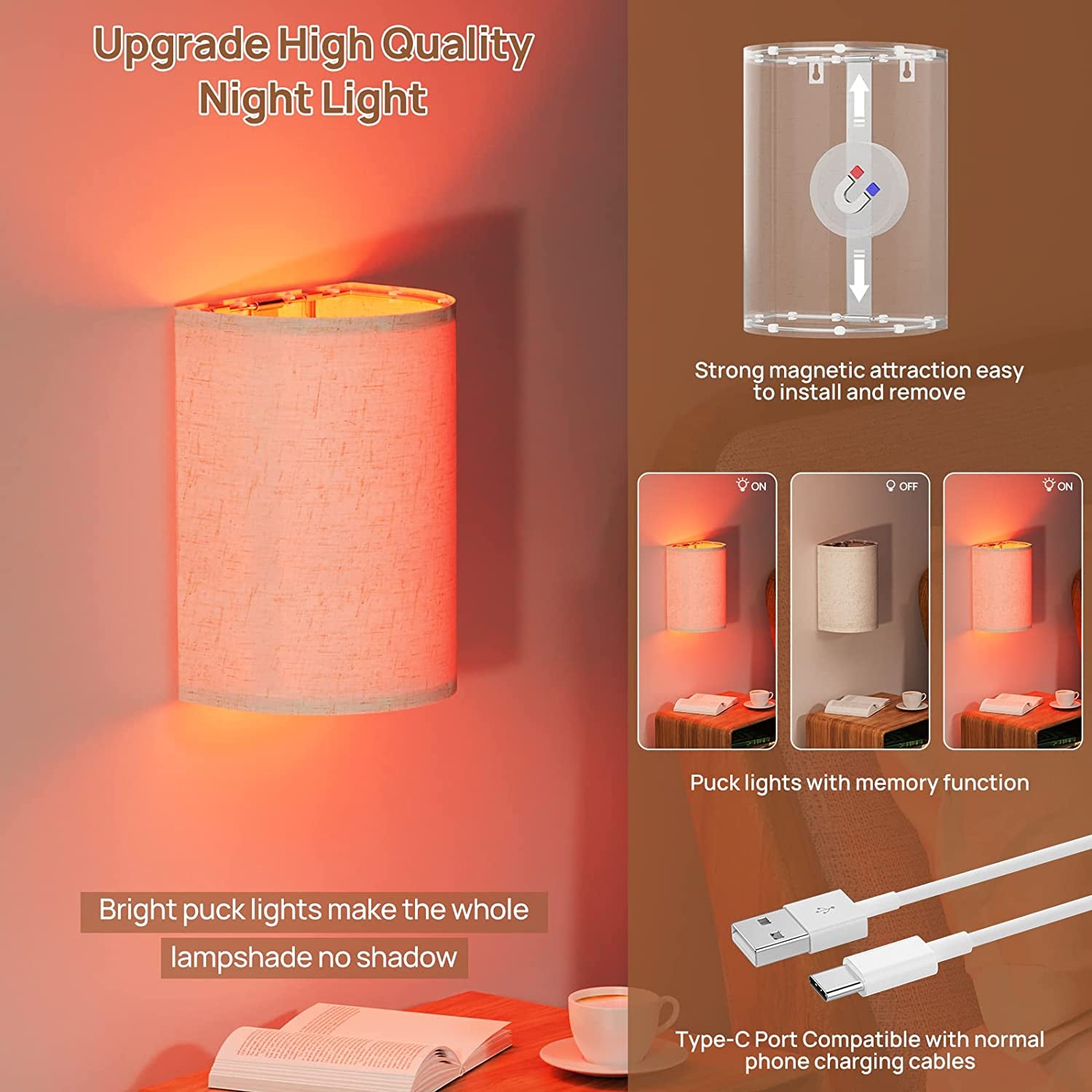 Dimmable 2-Light LED Fabric Linen Shade Bedroom Battery Operated Wall Sconces (2 Count)