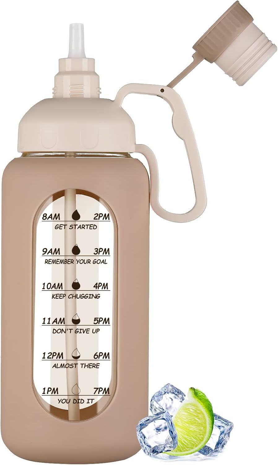 64Oz Glass Water Bottles with Straw, Half Gallon Water Jug with Time Marker, Amber