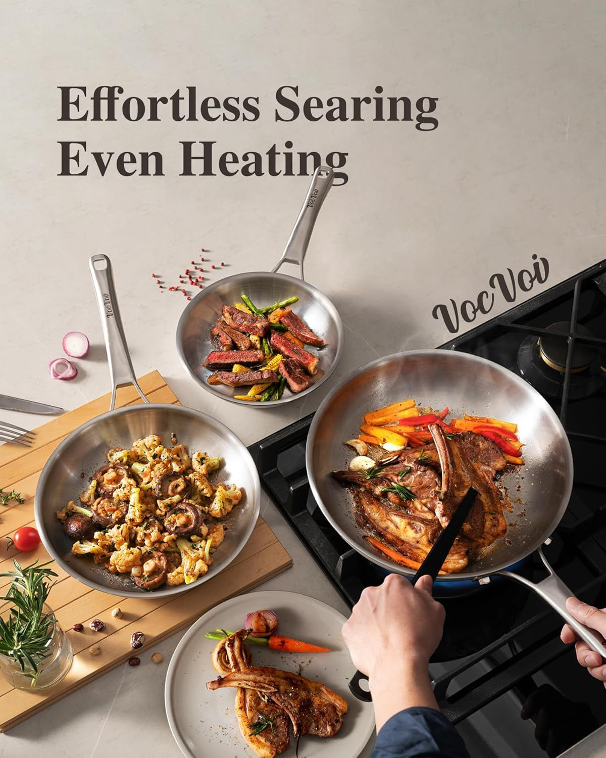 12 Inch Tri-Ply Stainless Steel Frying Pan with Lid, Dishwasher and Oven Safe, Works on Induction, Ceramic and Gas Cooktops