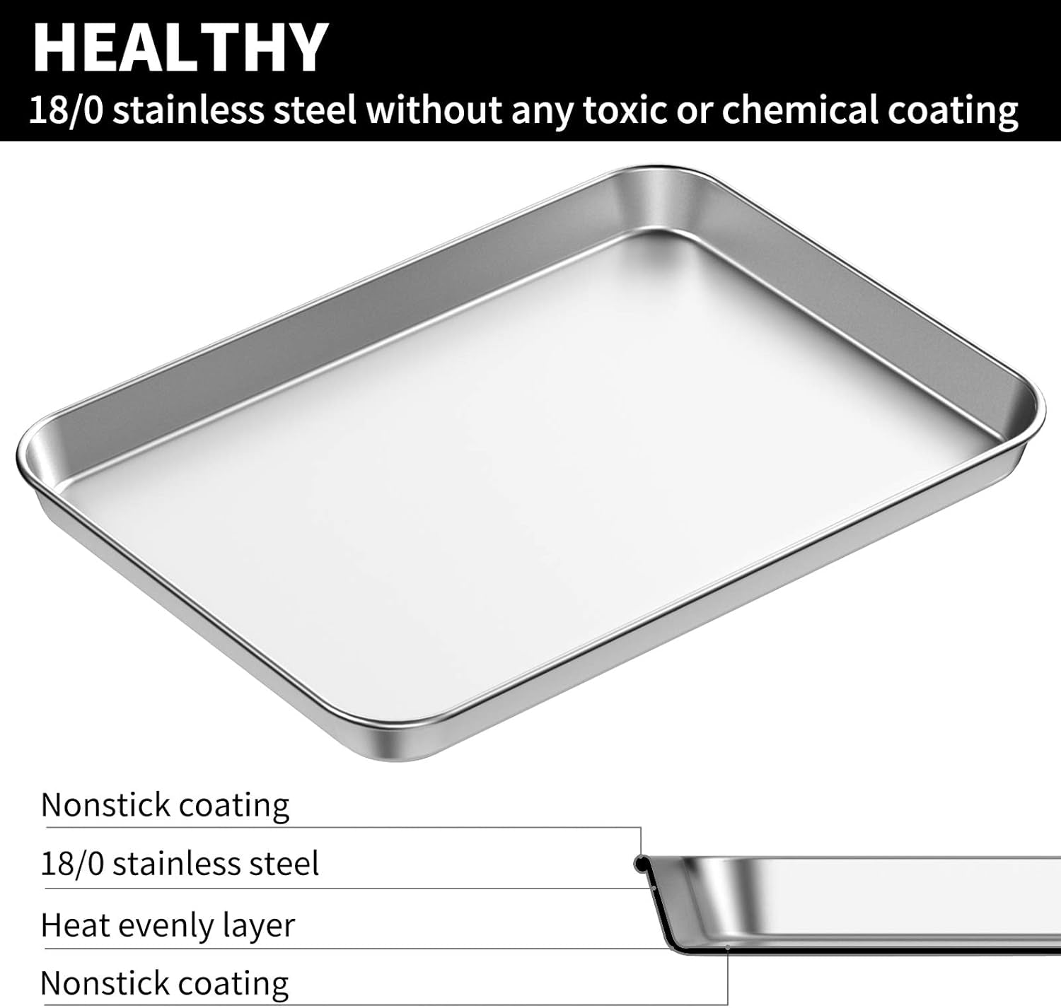 18 Inch Stainless Steel Baking Sheet Set of 2,  Healthy & Non-Toxic, Rust Free & Mirror Finish, Easy Clean & Dishwasher Safe