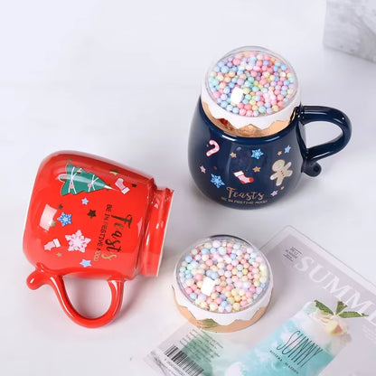 Christmas Ceramic Mugs Set with Lid and Spoon