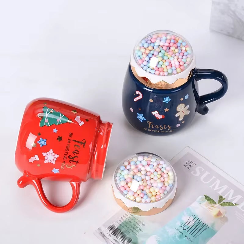 Christmas Ceramic Mugs Set with Lid and Spoon