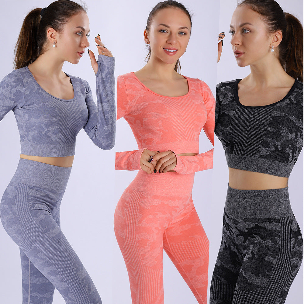 Cross-Border Autumn and Winter New Camouflage Knitted Fitness High-Waist Hip Pants Slim Sports Seamless Yoga Clothing Suit Women