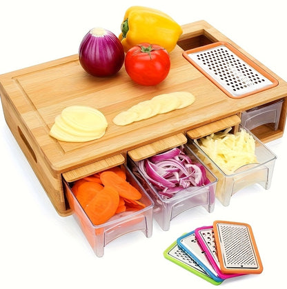 Bamboo Cutting Board with Drawer & Complete Vegetable Prep Set