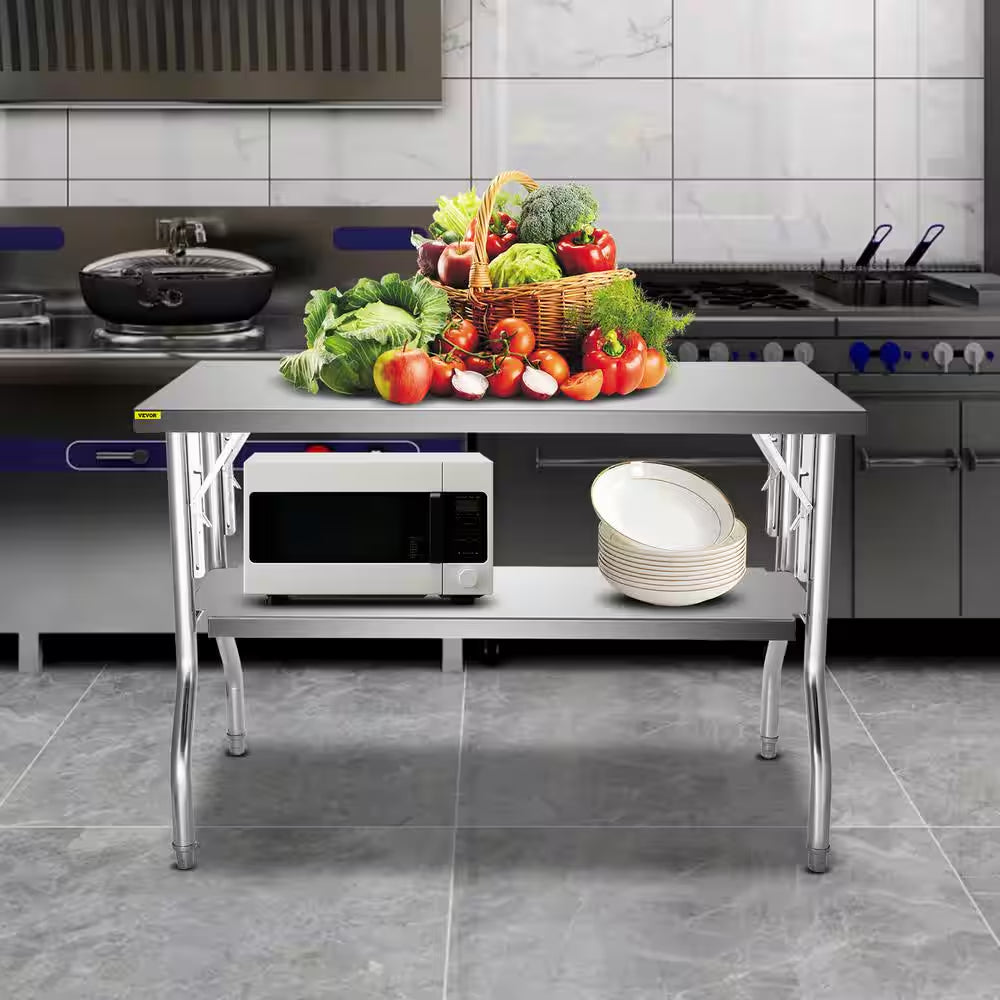 Commercial Worktable Workstation 48 X 30 In. Double-Shelf Folding Stainless Steel Kitchen Utility Table